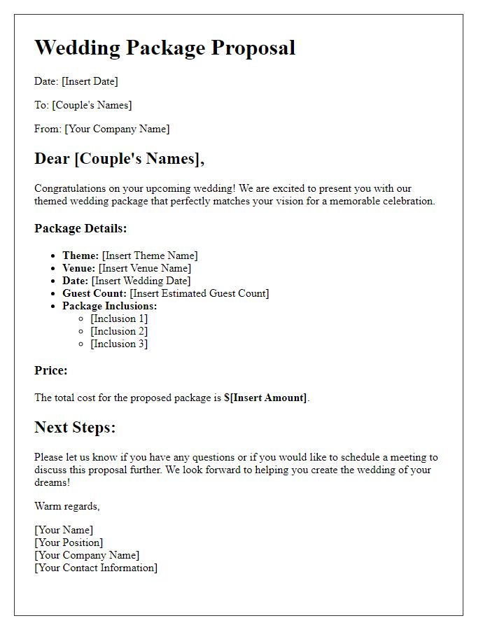 Letter template of wedding package proposal for themed celebrations