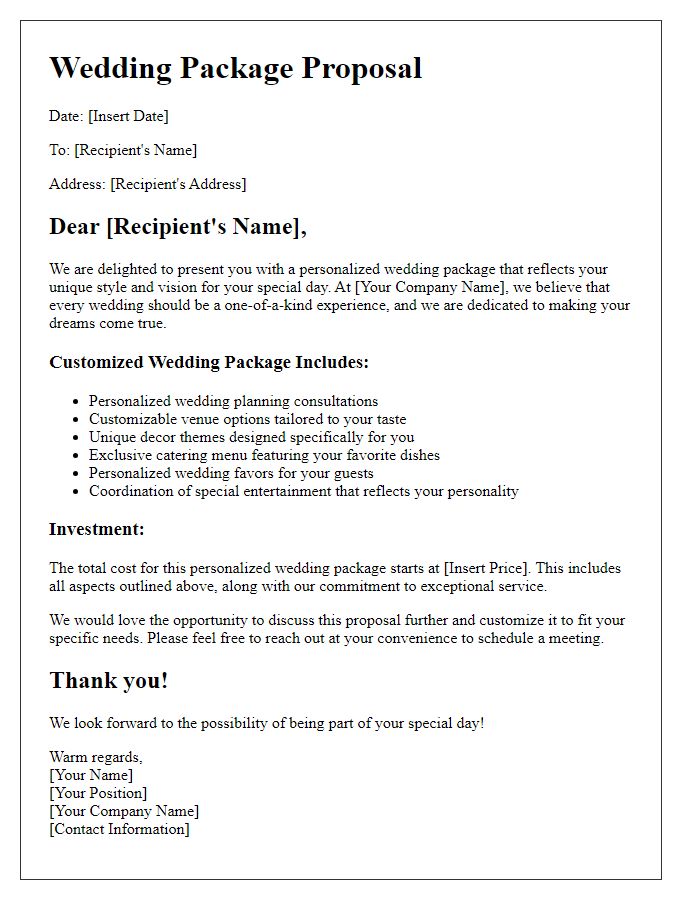 Letter template of wedding package proposal for unique or personalized experiences