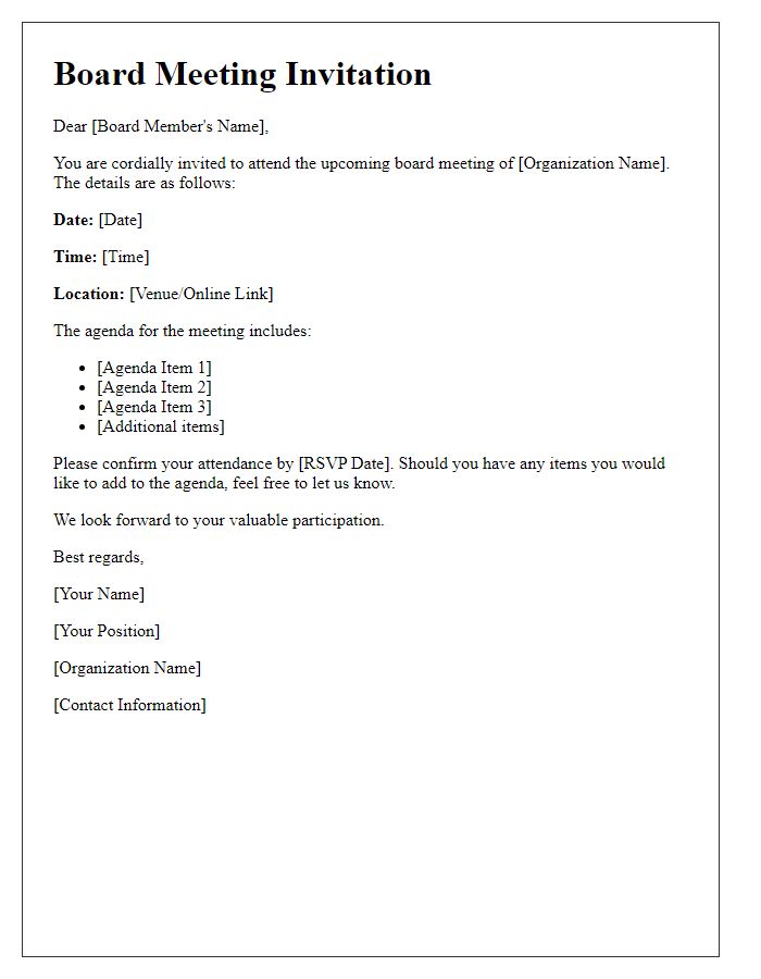 Letter template of board meeting invitation.