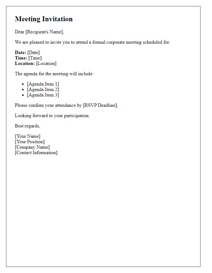 Letter template of formal corporate meeting invitation.