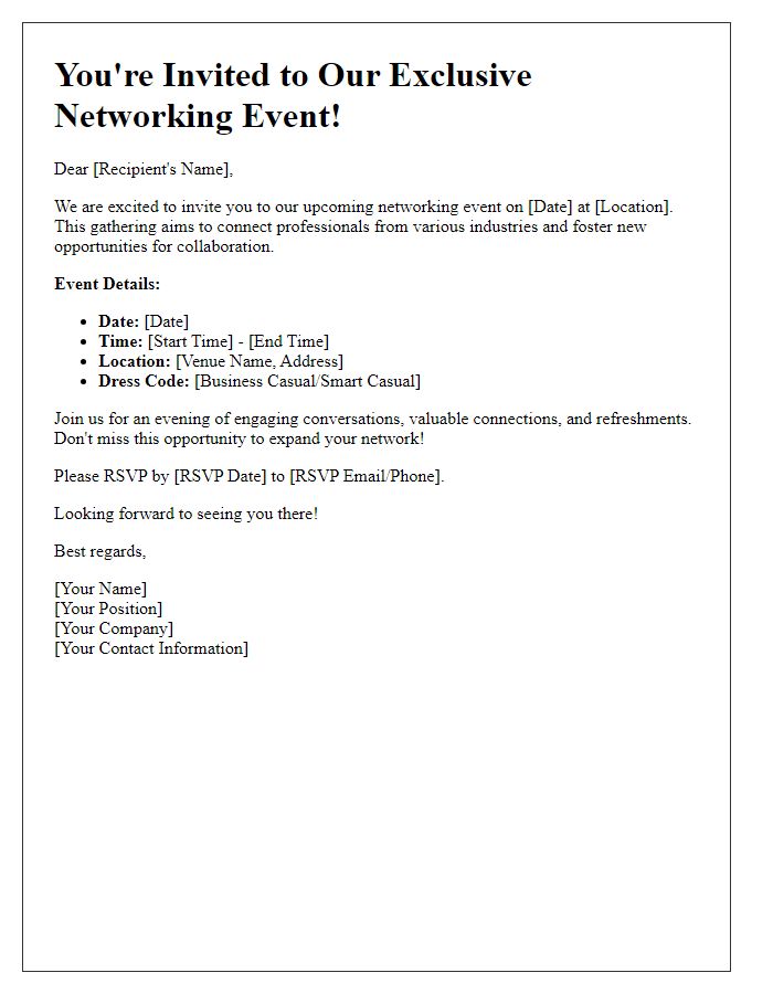 Letter template of networking event invitation.