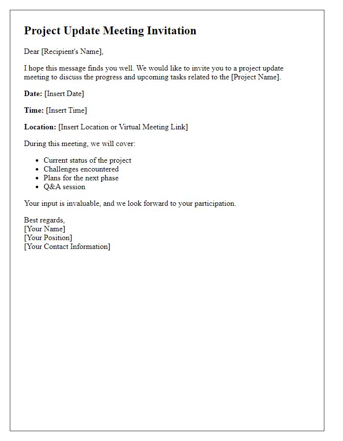 Letter template of project update meeting invitation.