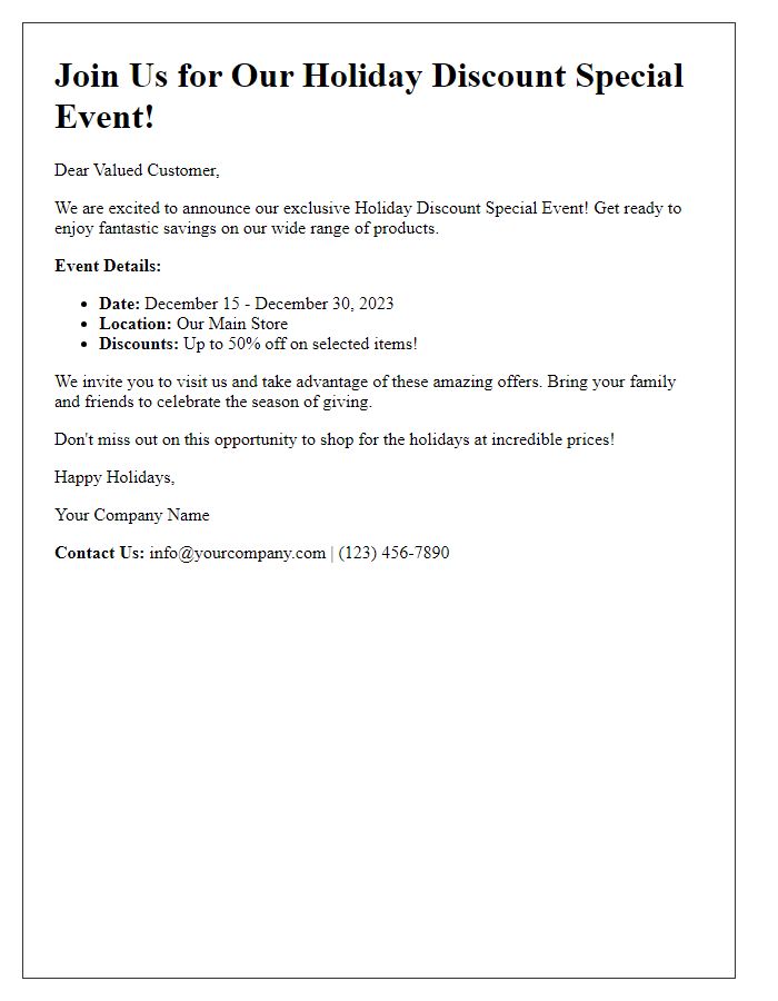 Letter template of holiday discount special event.