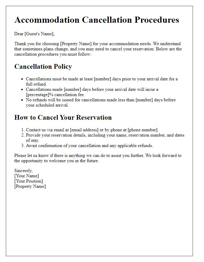 Letter template of accommodation cancellation procedures.