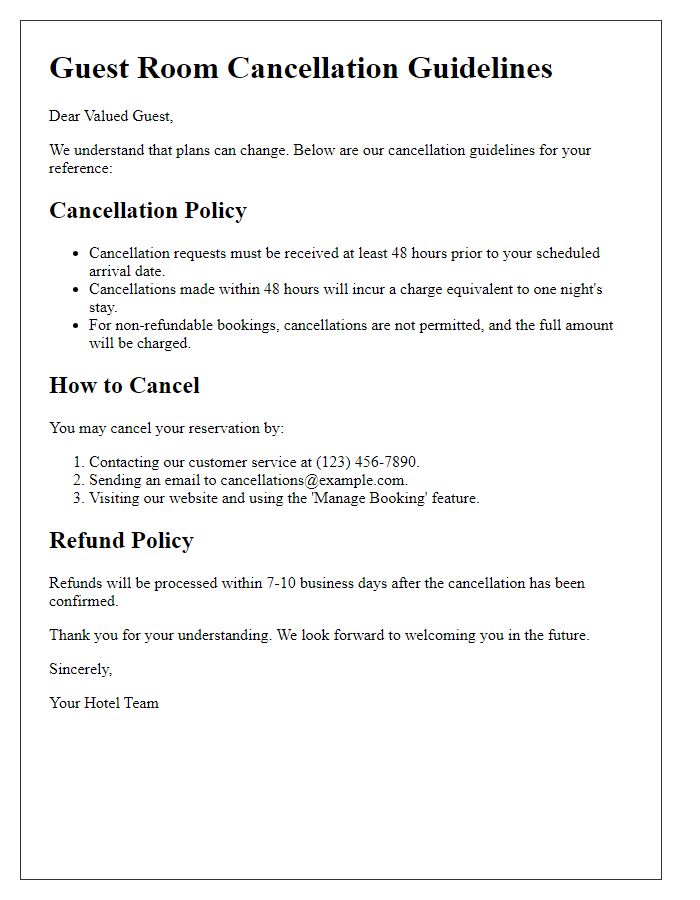 Letter template of guest room cancellation guidelines.