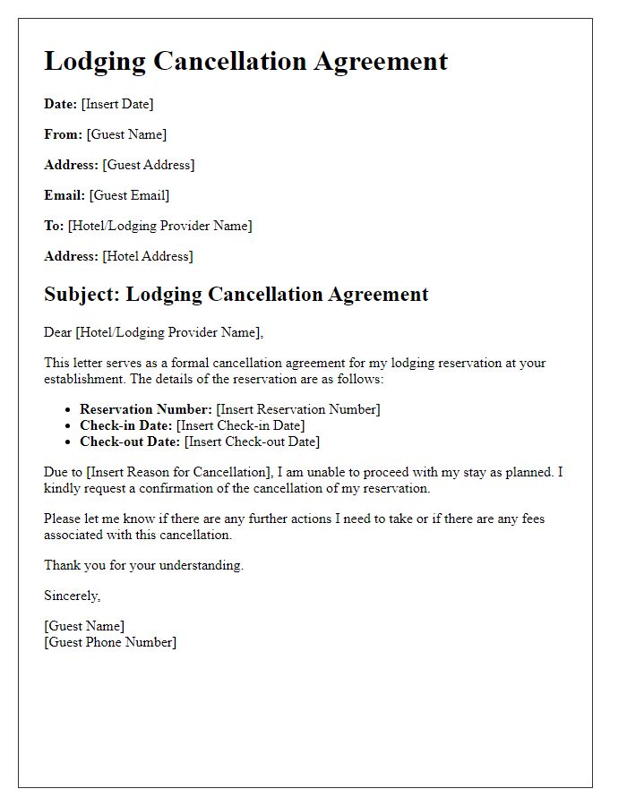 Letter template of lodging cancellation agreement.