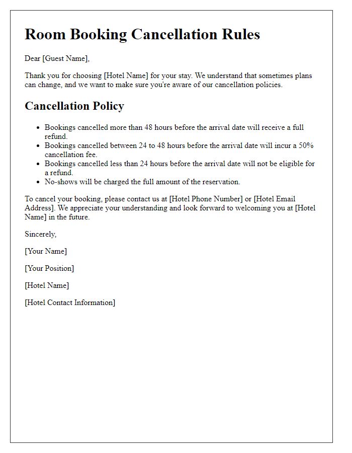 Letter template of room booking cancellation rules.