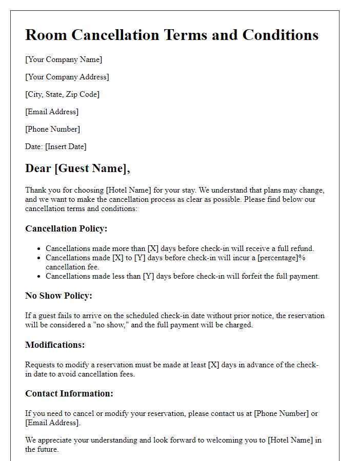 Letter template of room cancellation terms and conditions.