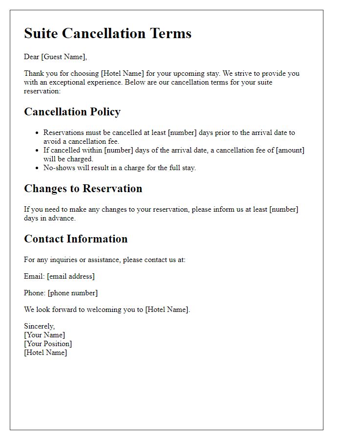 Letter template of suite cancellation terms.