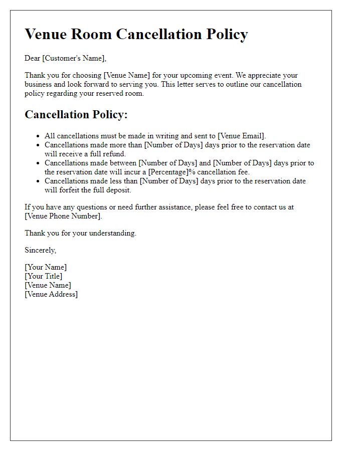 Letter template of venue room cancellation policy.