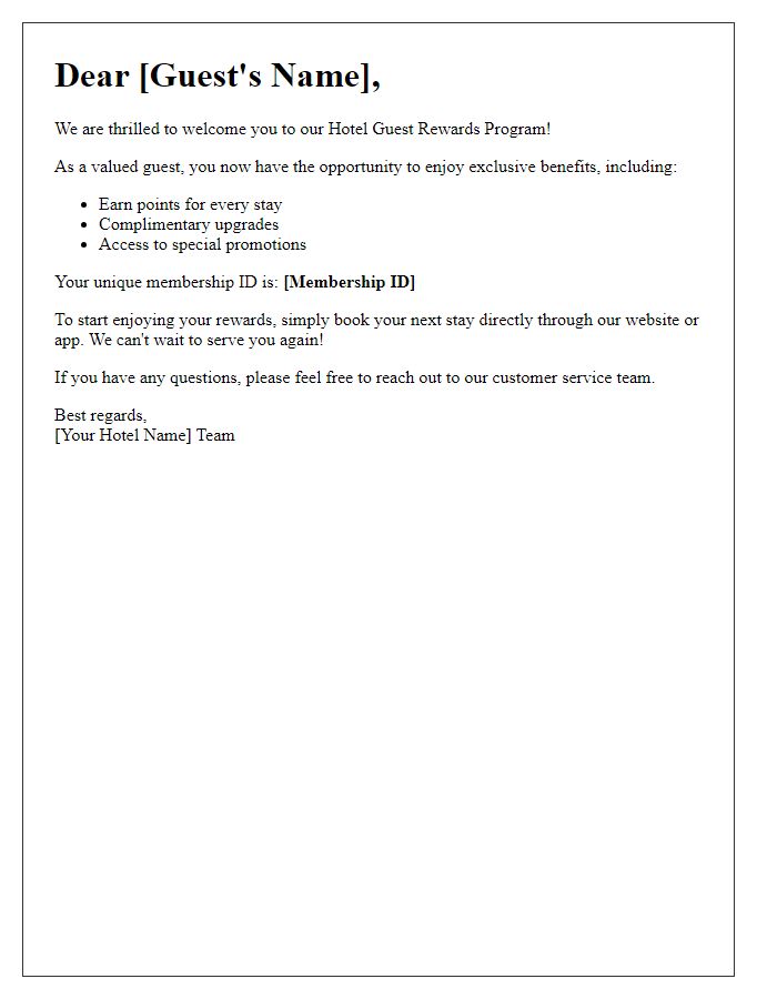 Letter template of enrollment in hotel guest rewards program