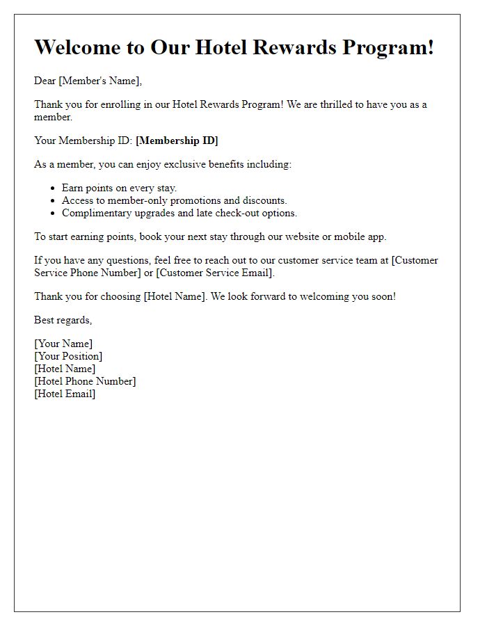 Letter template of hotel rewards program membership enrollment