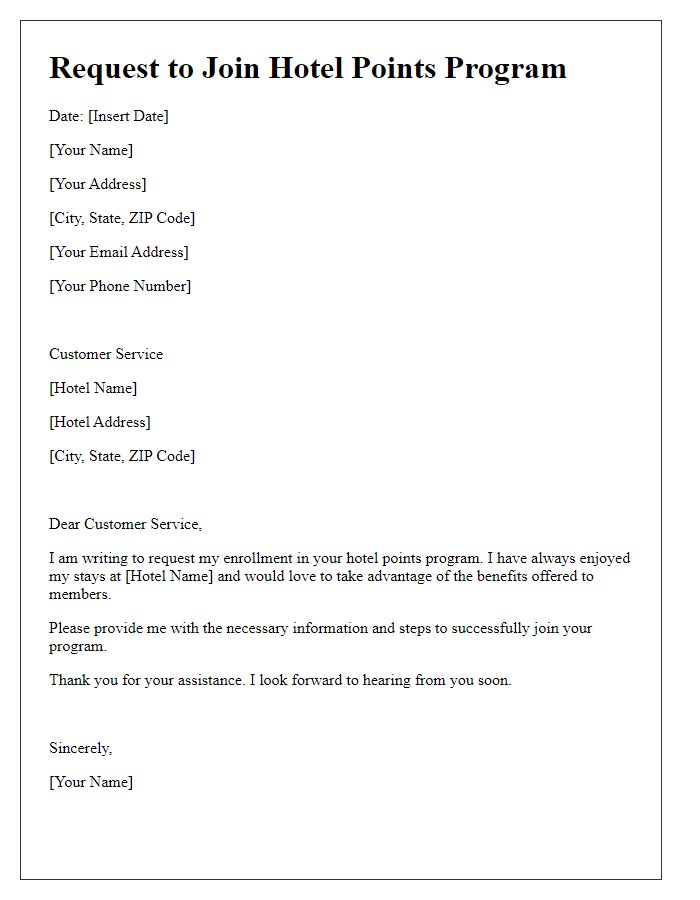 Letter template of request to join hotel points program