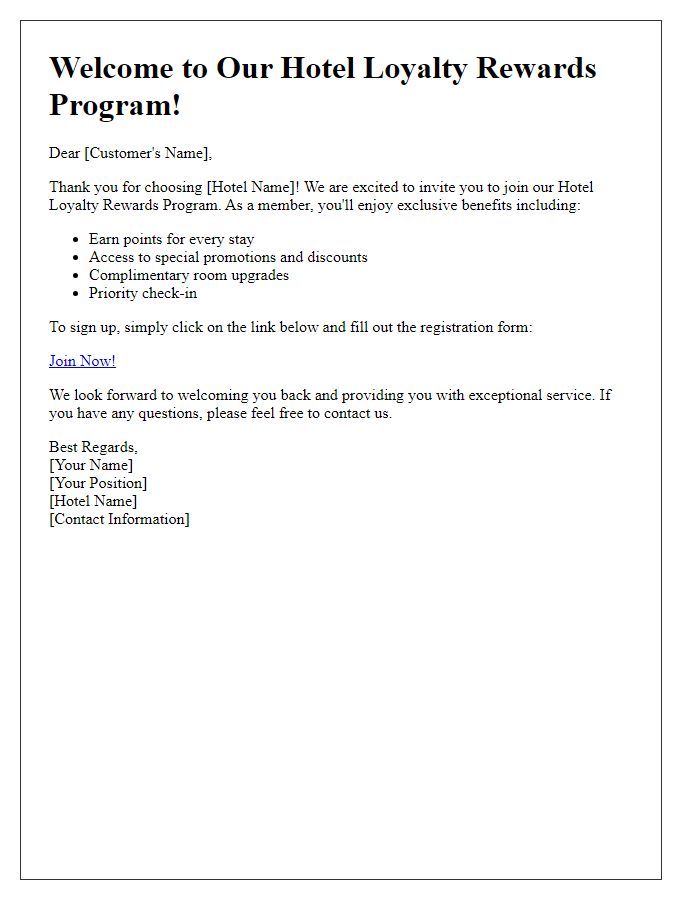 Letter template of sign-up for hotel loyalty rewards