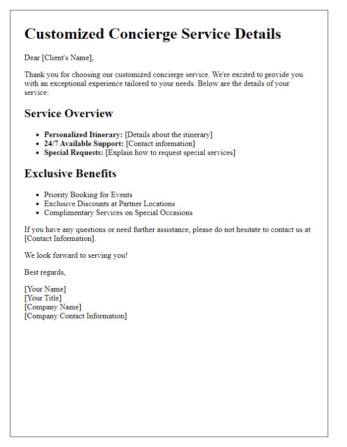 Letter template of customized concierge service details