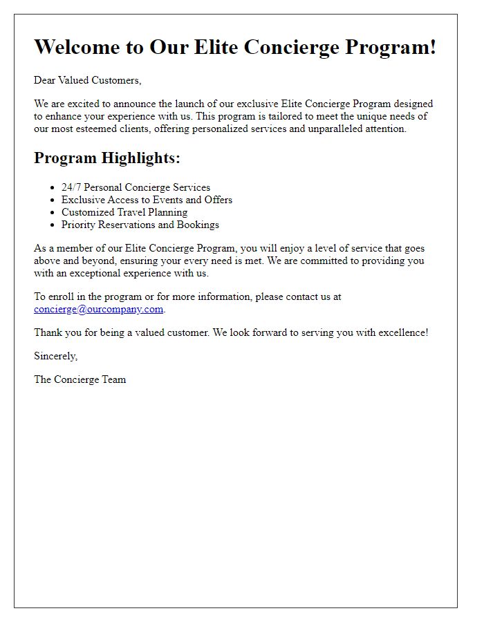 Letter template of elite concierge program announcement