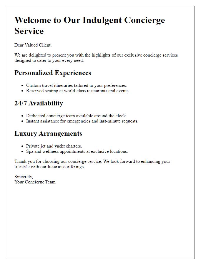 Letter template of indulgent concierge service highlights