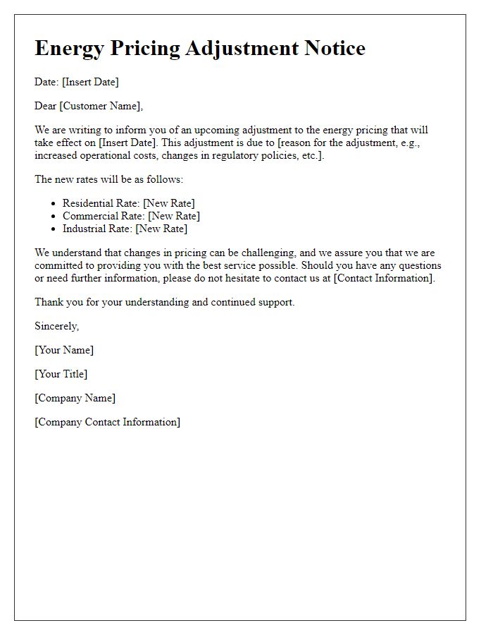 Letter template of energy pricing adjustment notice