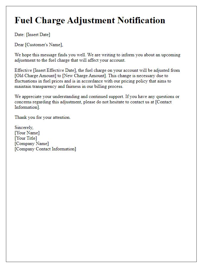 Letter template of fuel charge adjustment communication