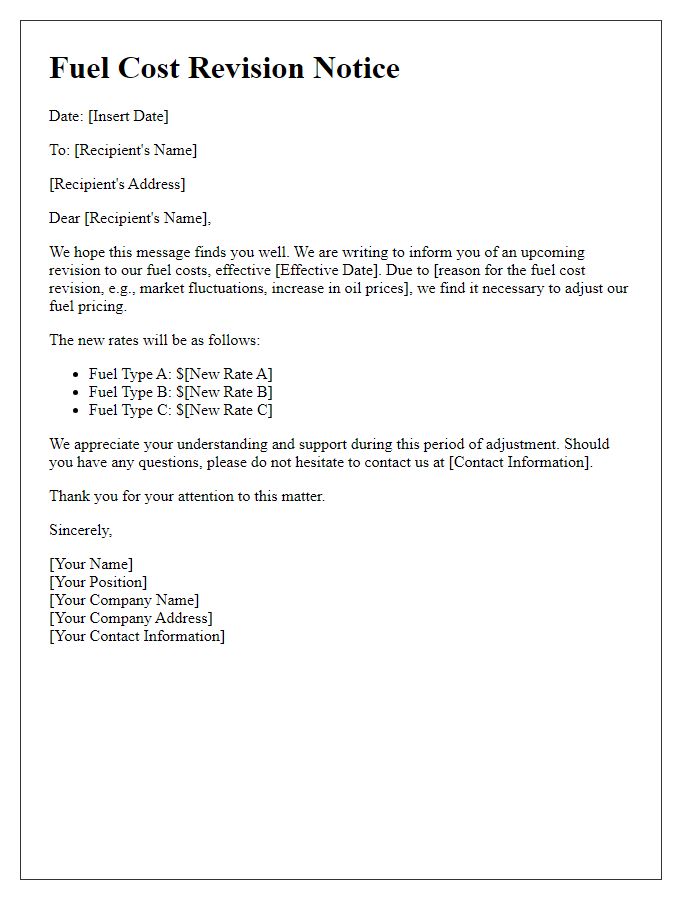 Letter template of fuel cost revision notice