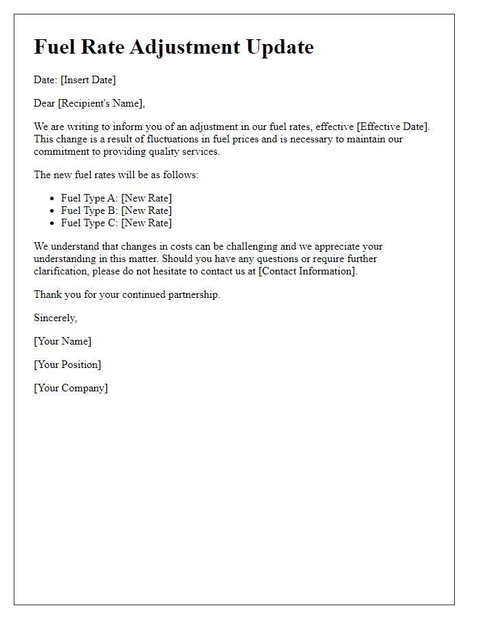 Letter template of fuel rate adjustment update