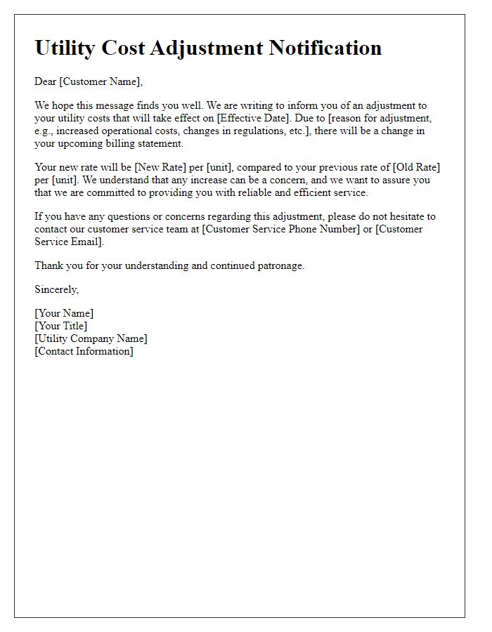 Letter template of utility cost adjustment alert