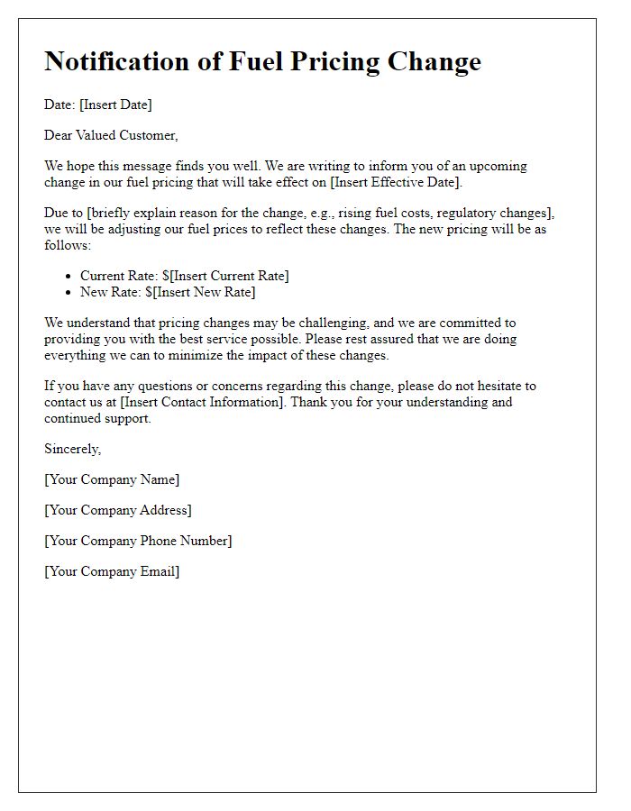 Letter template of utility fuel pricing change