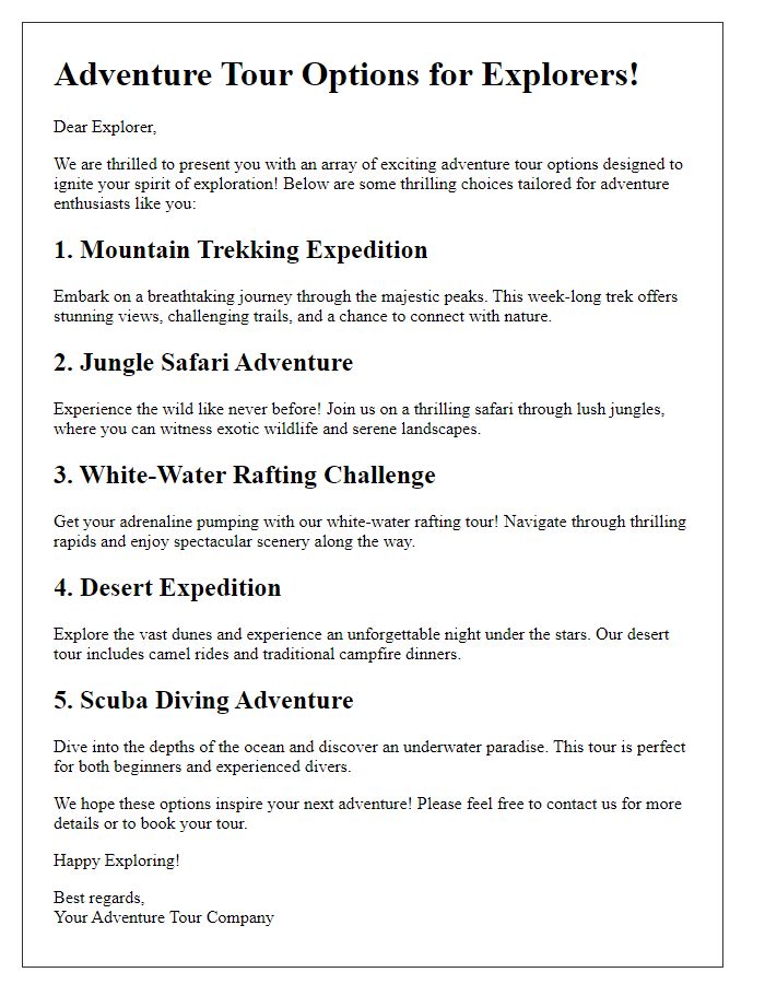 Letter template of adventure tour options for explorers