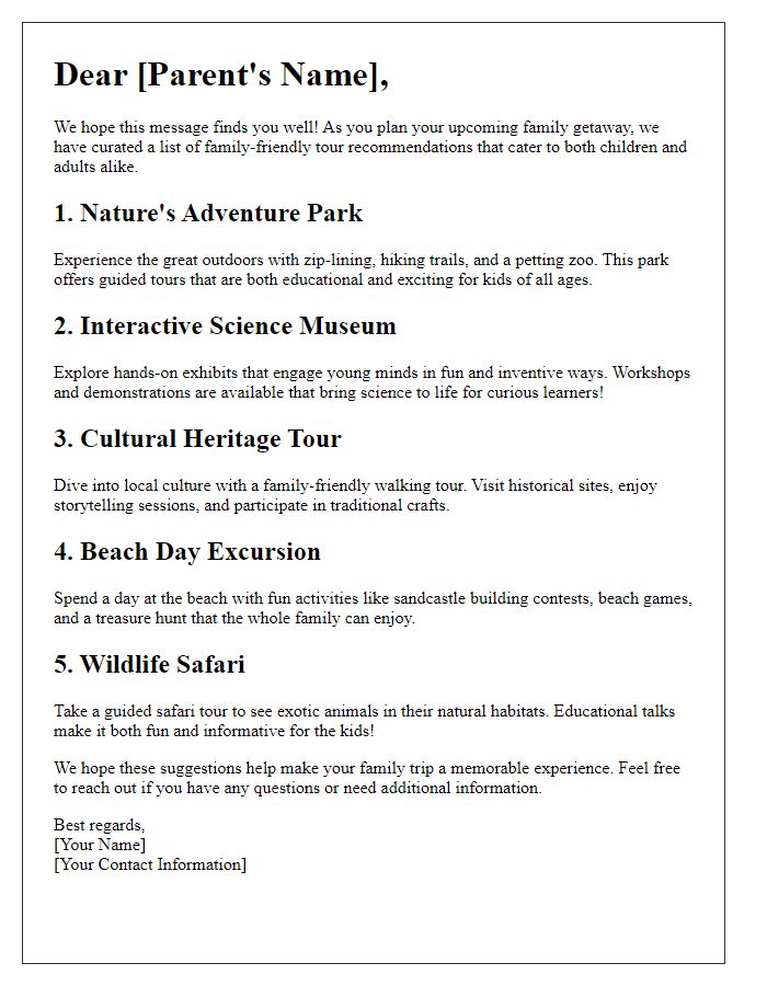 Letter template of family-friendly tour recommendations for parents