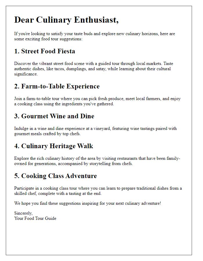 Letter template of food tour suggestions for culinary enthusiasts