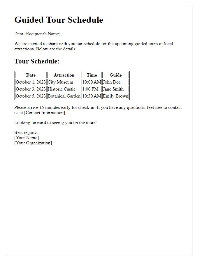 Letter template of guided tour schedules for local attractions