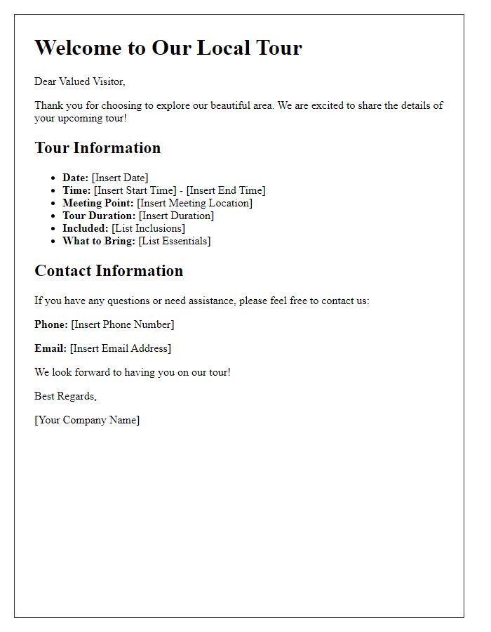 Letter template of local tour details for visitors