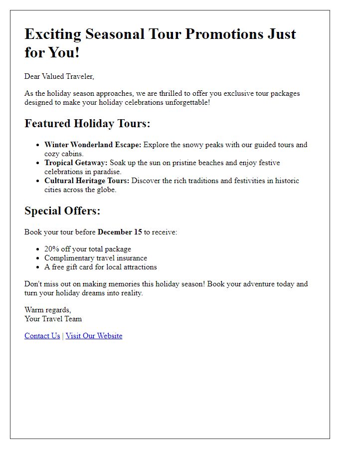 Letter template of seasonal tour promotions for holiday travelers