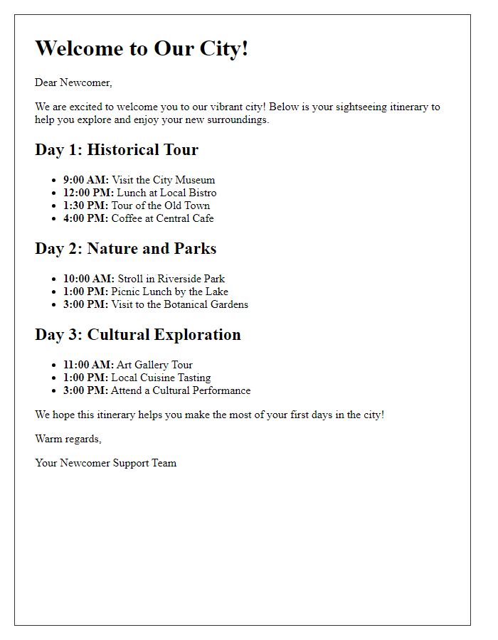 Letter template of sightseeing itinerary for newcomers