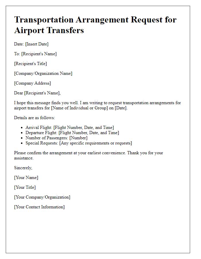 Letter template of transportation arrangement request for airport transfers.