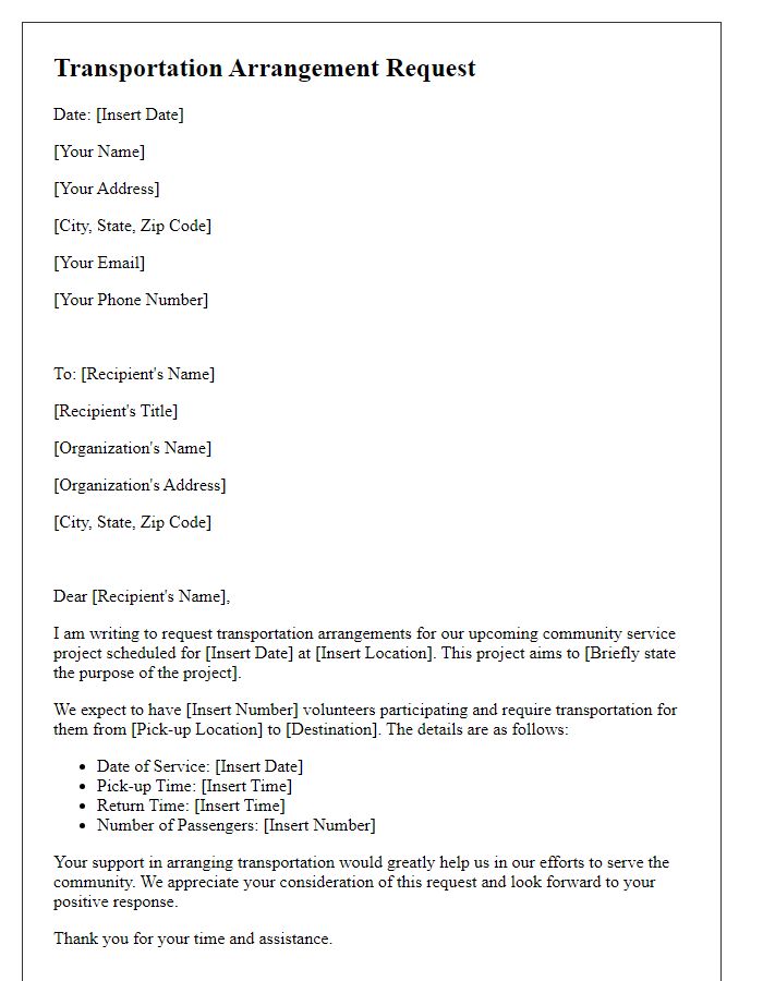 Letter template of transportation arrangement request for community service project.