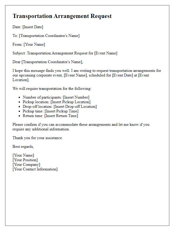 Letter template of transportation arrangement request for corporate event.