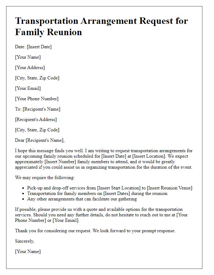 Letter template of transportation arrangement request for family reunion.