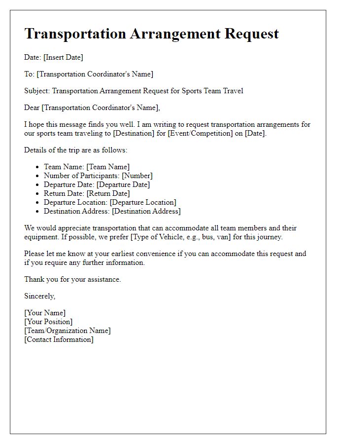 Letter template of transportation arrangement request for sports team travel.