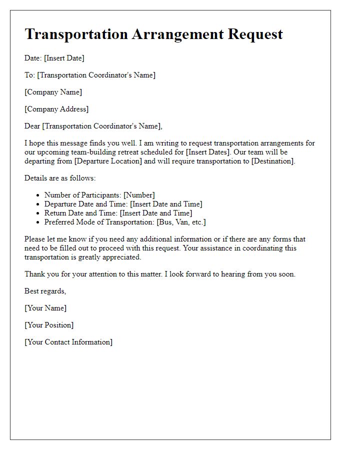 Letter template of transportation arrangement request for team-building retreat.