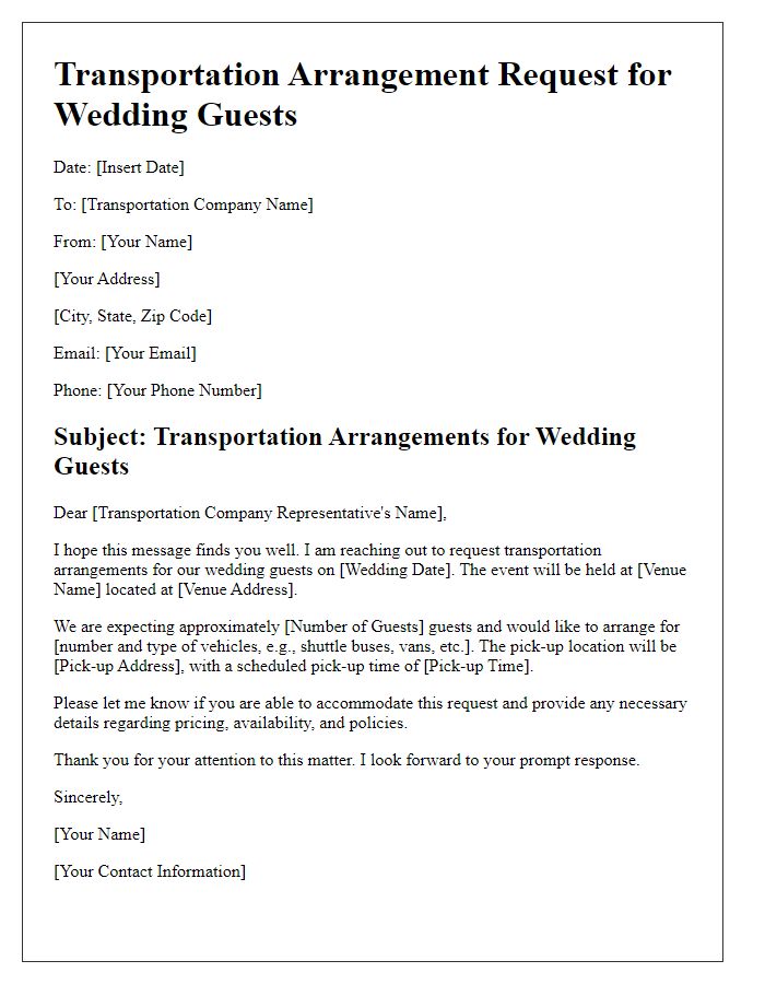 Letter template of transportation arrangement request for wedding guests.