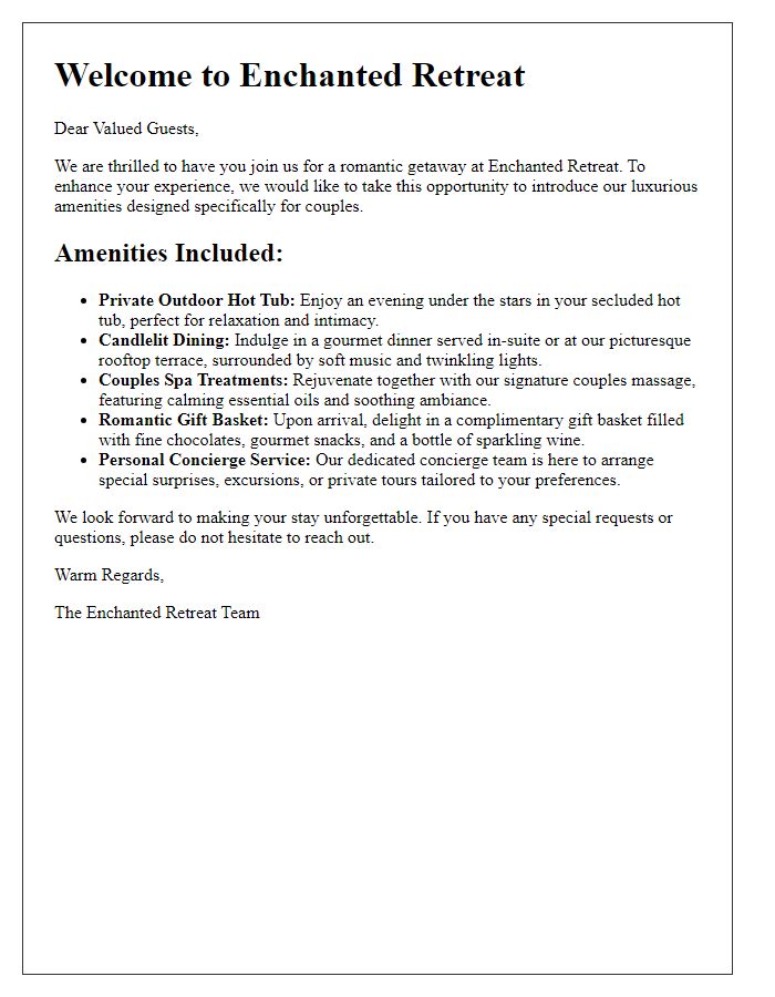 Letter template of hotel amenities description for couples' retreats