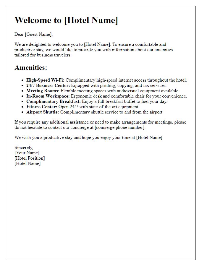 Letter template of hotel amenities details for business travelers