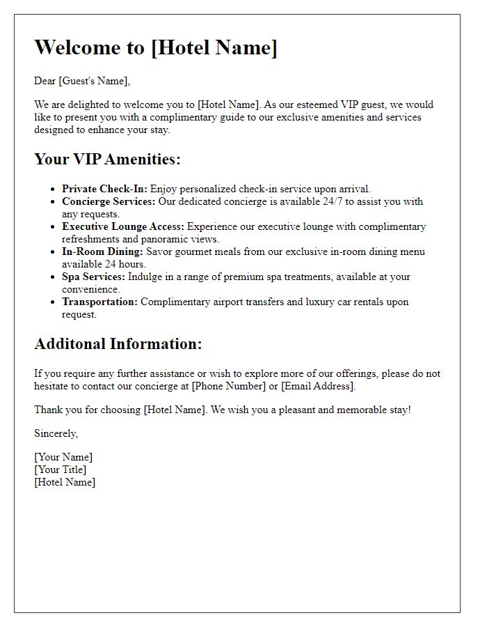 Letter template of hotel amenities guide for VIP guests