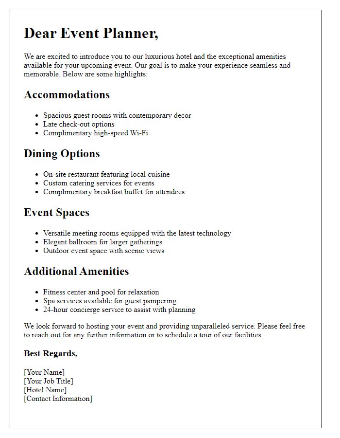 Letter template of hotel amenities highlights for event planners