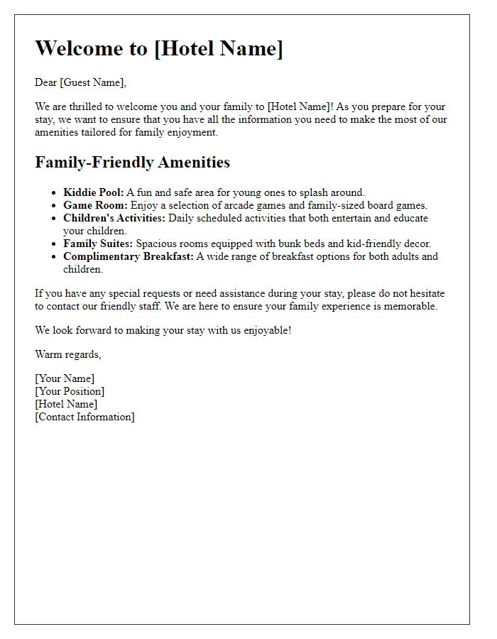 Letter template of hotel amenities introduction for family stays