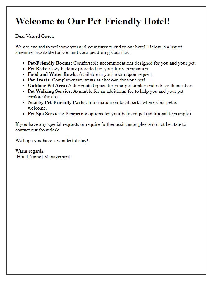 Letter template of hotel amenities list for pet-friendly accommodations