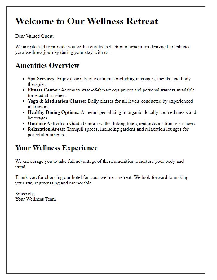 Letter template of hotel amenities outline for wellness guests