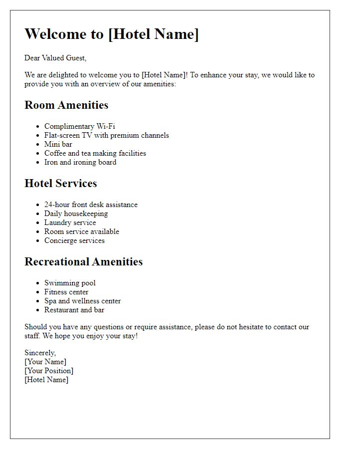 Letter template of hotel amenities overview for new guests