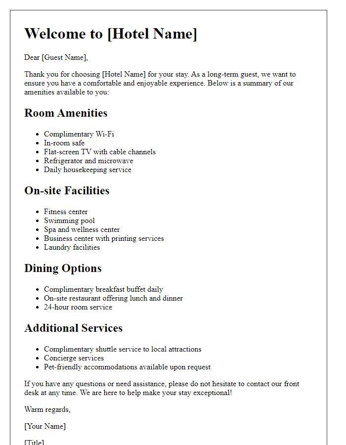 Letter template of hotel amenities summary for long-term guests